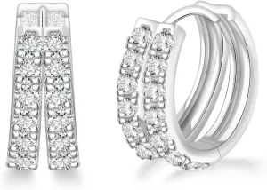 Moissanite Hoop Earrings for Women - 925 Sterling Silver Moissanite Double Huggie Earrings Double Hoop Earrings Piercing Real Moissan Hypoallergenic Jewelry Gifts
