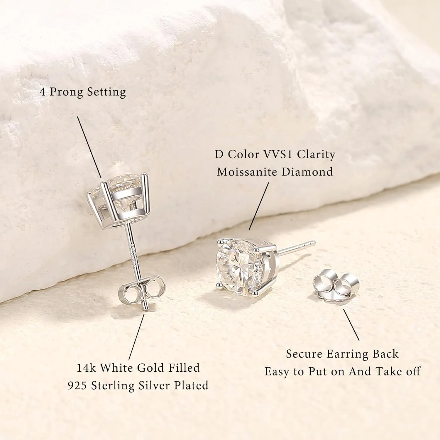 Moissanite Stud Earrings for Women 14k Gold Plated and 925 Sterling Silver Plated Earrings 1/2/3ct Moissanite Earrings Jewelry Gifts for Women Men