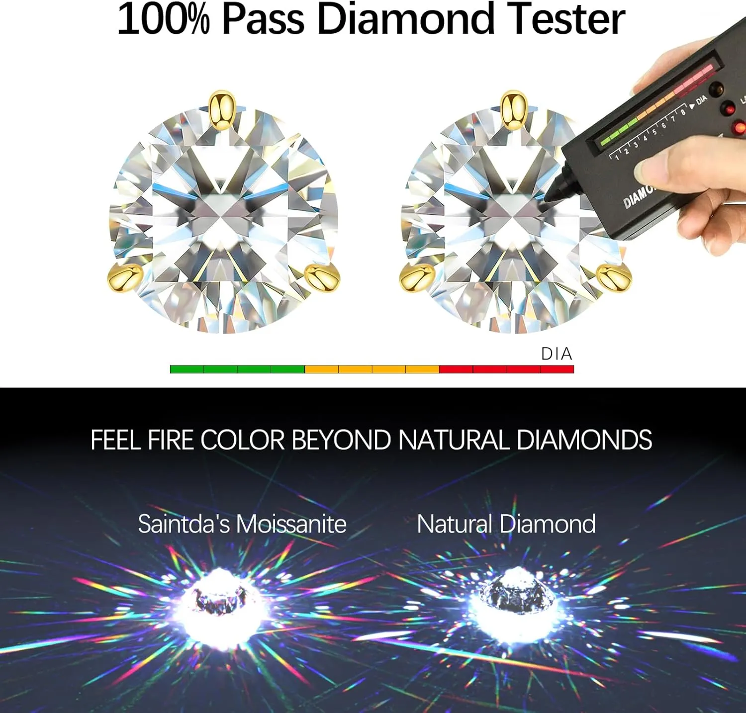 Moissanite Stud Earrings for Women, Gold Vermeil 925 Sterling Silver Lab Created Diamond Studs Solitaire Earrings Jewelry Gift Women Men
