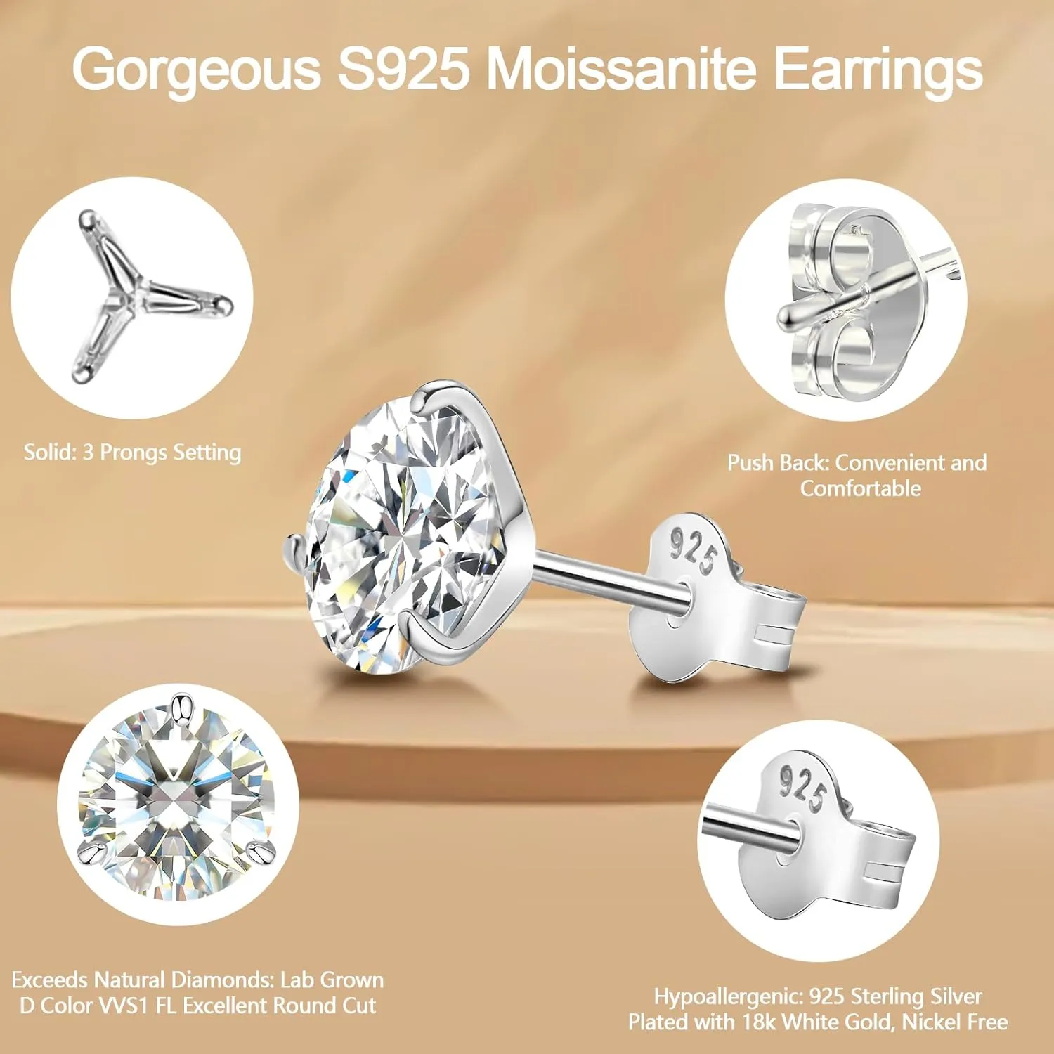 Moissanite Stud Earrings for Women, Gold Vermeil 925 Sterling Silver Lab Created Diamond Studs Solitaire Earrings Jewelry Gift Women Men