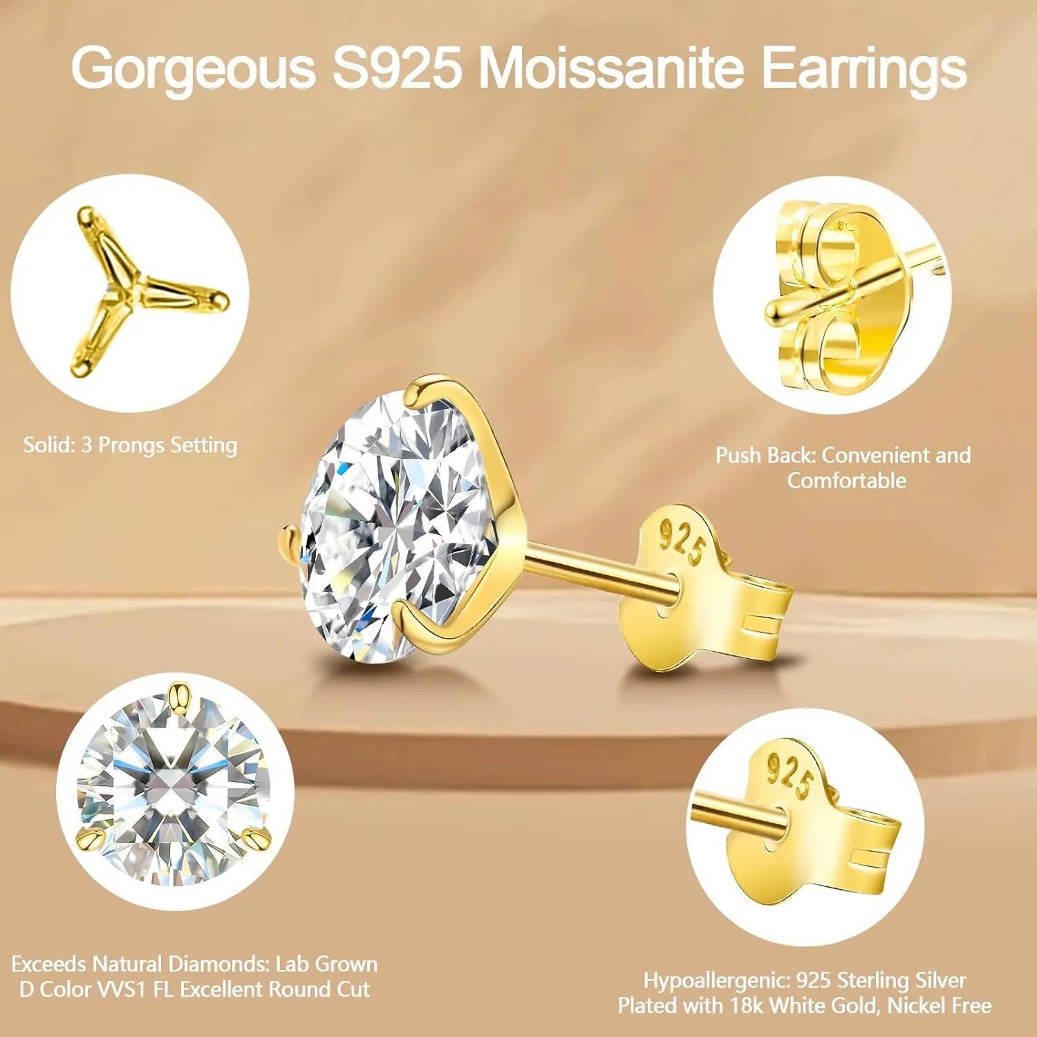 Moissanite Stud Earrings for Women, Gold Vermeil 925 Sterling Silver Lab Created Diamond Studs Solitaire Earrings Jewelry Gift Women Men