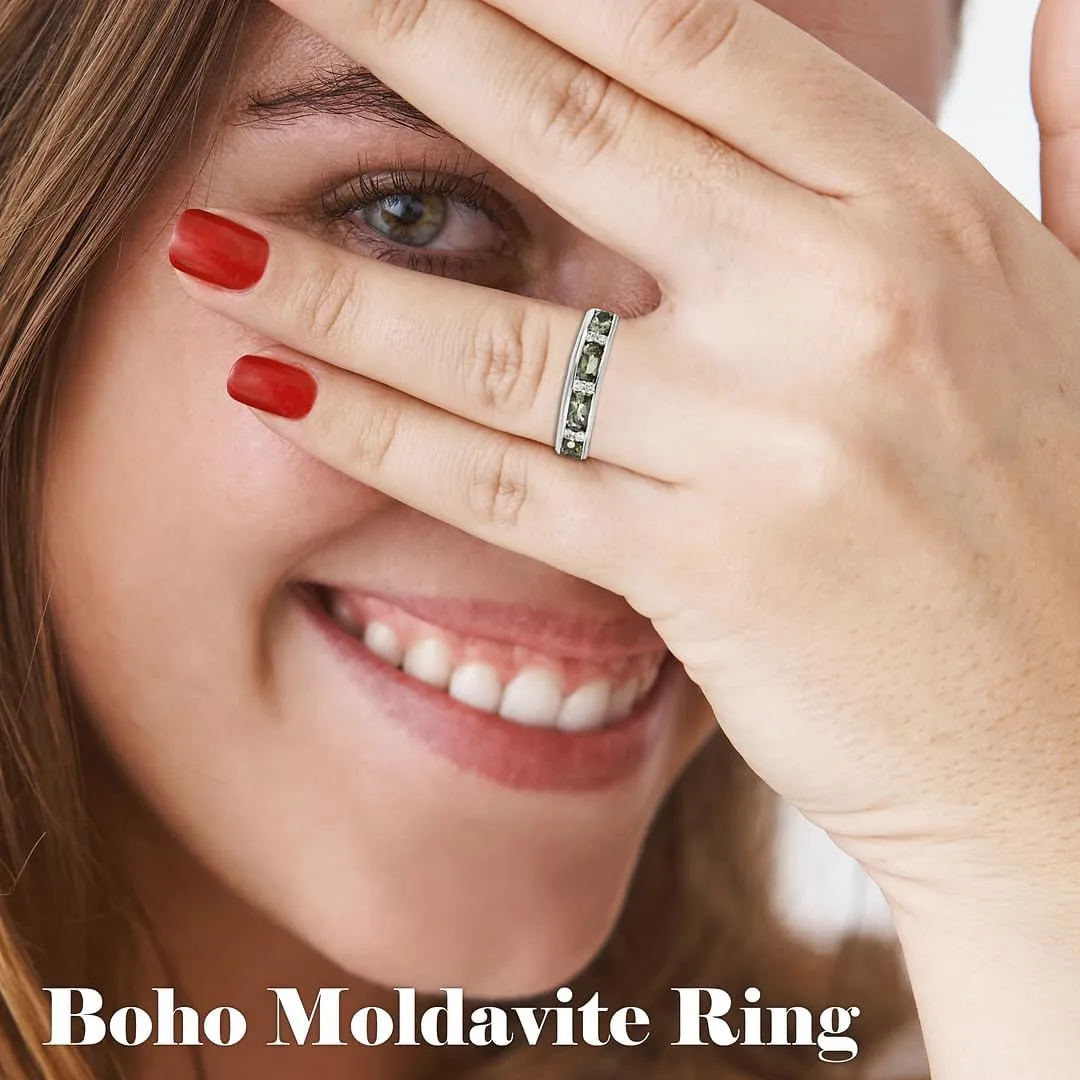 Moldavite & White Zircon Half Eternity Ring in 925 Sterling Silver Wedding Bands for Women with Platinum Plating Promise Jewelry Birthday Gifts for Her
