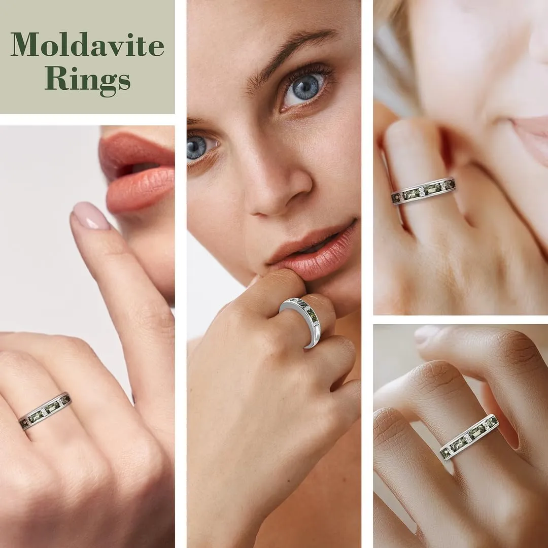 Moldavite & White Zircon Half Eternity Ring in 925 Sterling Silver Wedding Bands for Women with Platinum Plating Promise Jewelry Birthday Gifts for Her