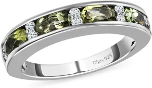 Moldavite & White Zircon Half Eternity Ring in 925 Sterling Silver Wedding Bands for Women with Platinum Plating Promise Jewelry Birthday Gifts for Her