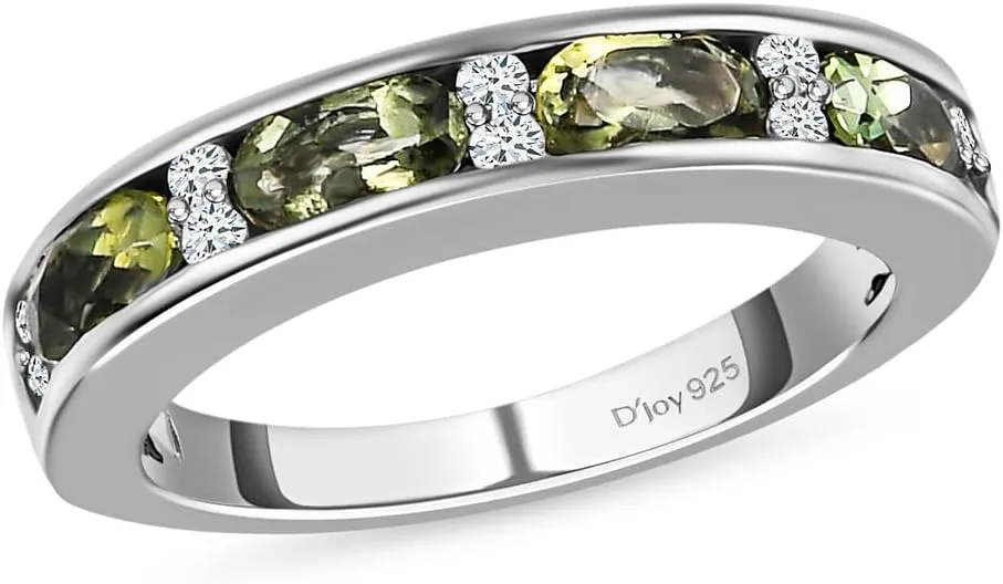 Moldavite & White Zircon Half Eternity Ring in 925 Sterling Silver Wedding Bands for Women with Platinum Plating Promise Jewelry Birthday Gifts for Her