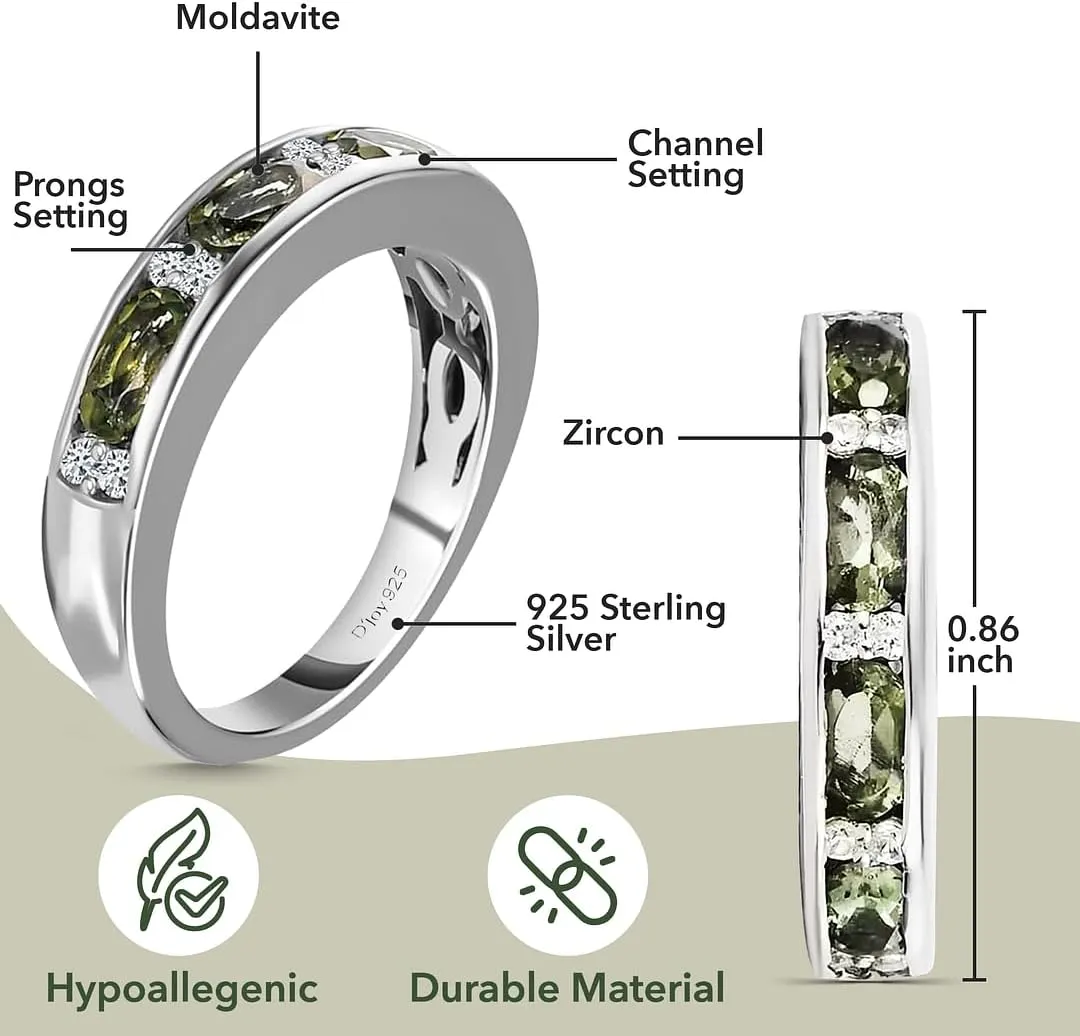 Moldavite & White Zircon Half Eternity Ring in 925 Sterling Silver Wedding Bands for Women with Platinum Plating Promise Jewelry Birthday Gifts for Her
