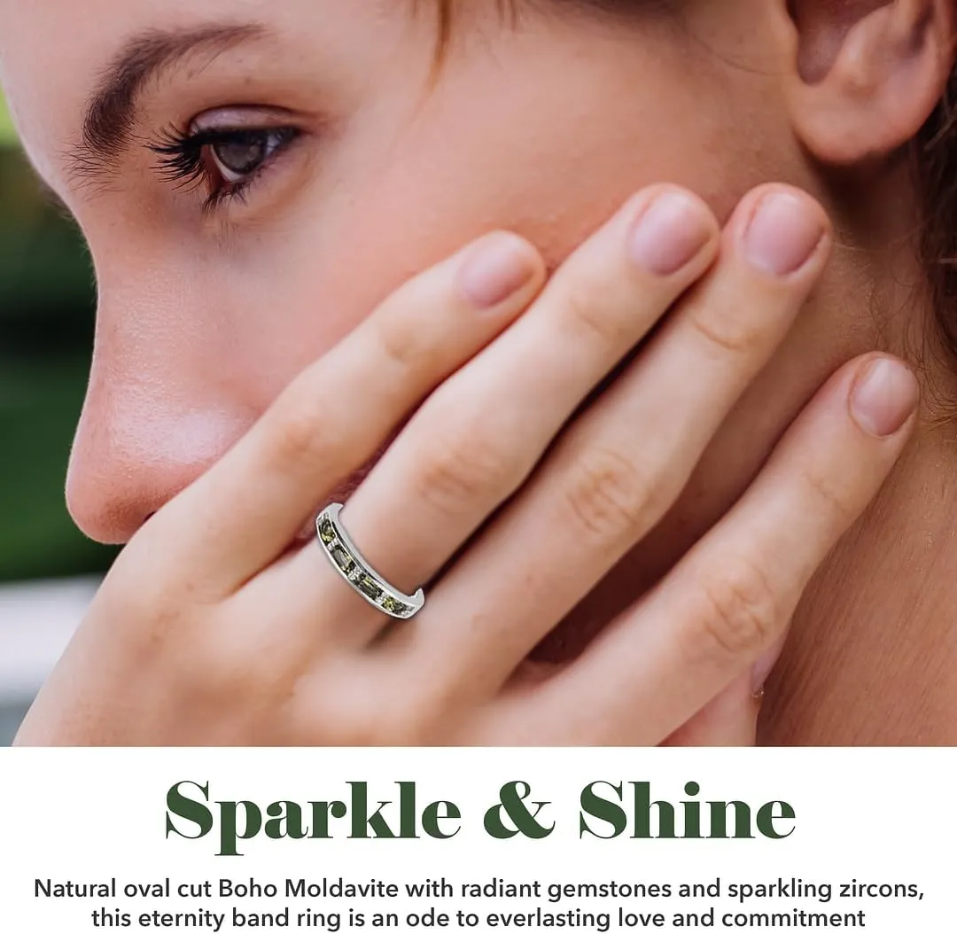 Moldavite & White Zircon Half Eternity Ring in 925 Sterling Silver Wedding Bands for Women with Platinum Plating Promise Jewelry Birthday Gifts for Her