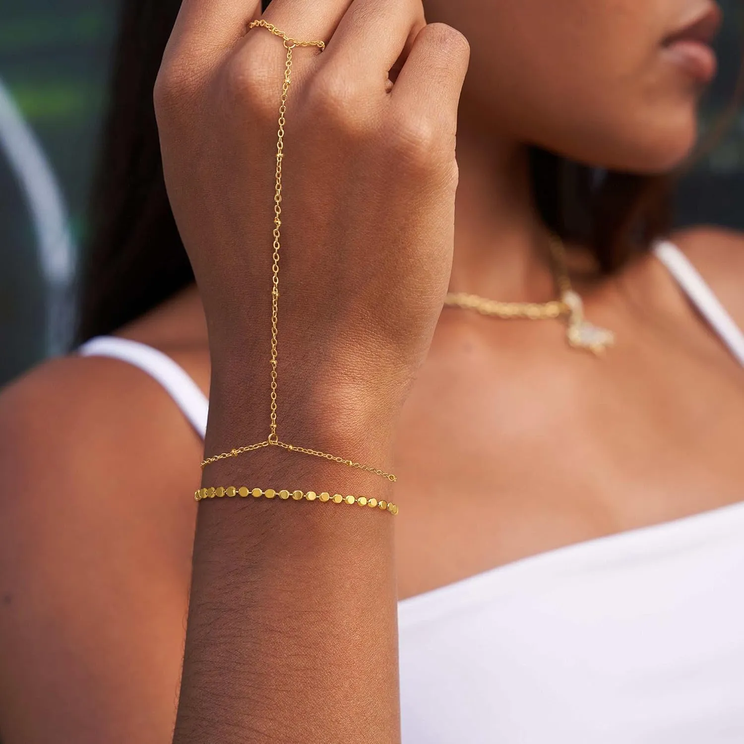 Moodear Dainty Ring Bracelet Hand Chain for Women - 14K Gold Plated/Sterling Silver Layered Adjustable Satellite Bead Paperclip Dot CZ Link Hand Chain Bracelets Non Tarnish Trendy Jewelry Gift