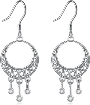 Moon and Sun Drop Dangle Earrings for Women 925 Silver Boho Crescent and Heart Earrings for Girls White Gold Plated Ear Jewelry Gift for Wife/Girlfriend/Daughter