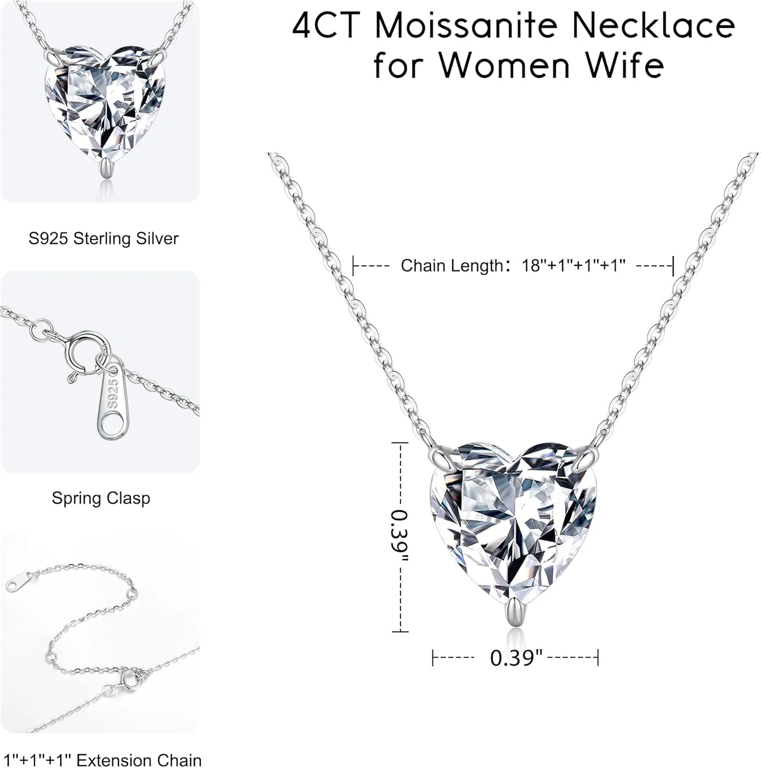 MOOSEA Heart and Round Pendant Necklace for Women, Gifts for Wife, 1-4 Carat Moissanite Jewelry, D Color VVS1 Clarity Lab Created Moissanite 925 Sterling Silver Necklaces