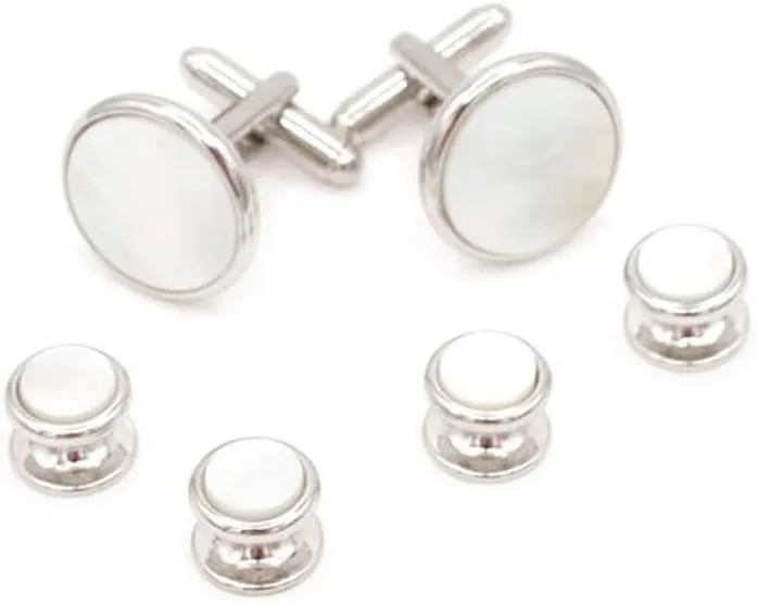 Mother of Pearl Formal Tuxedo Cufflinks and Studs Set in Silver
