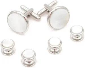 Mother of Pearl Formal Tuxedo Cufflinks and Studs Set in Silver