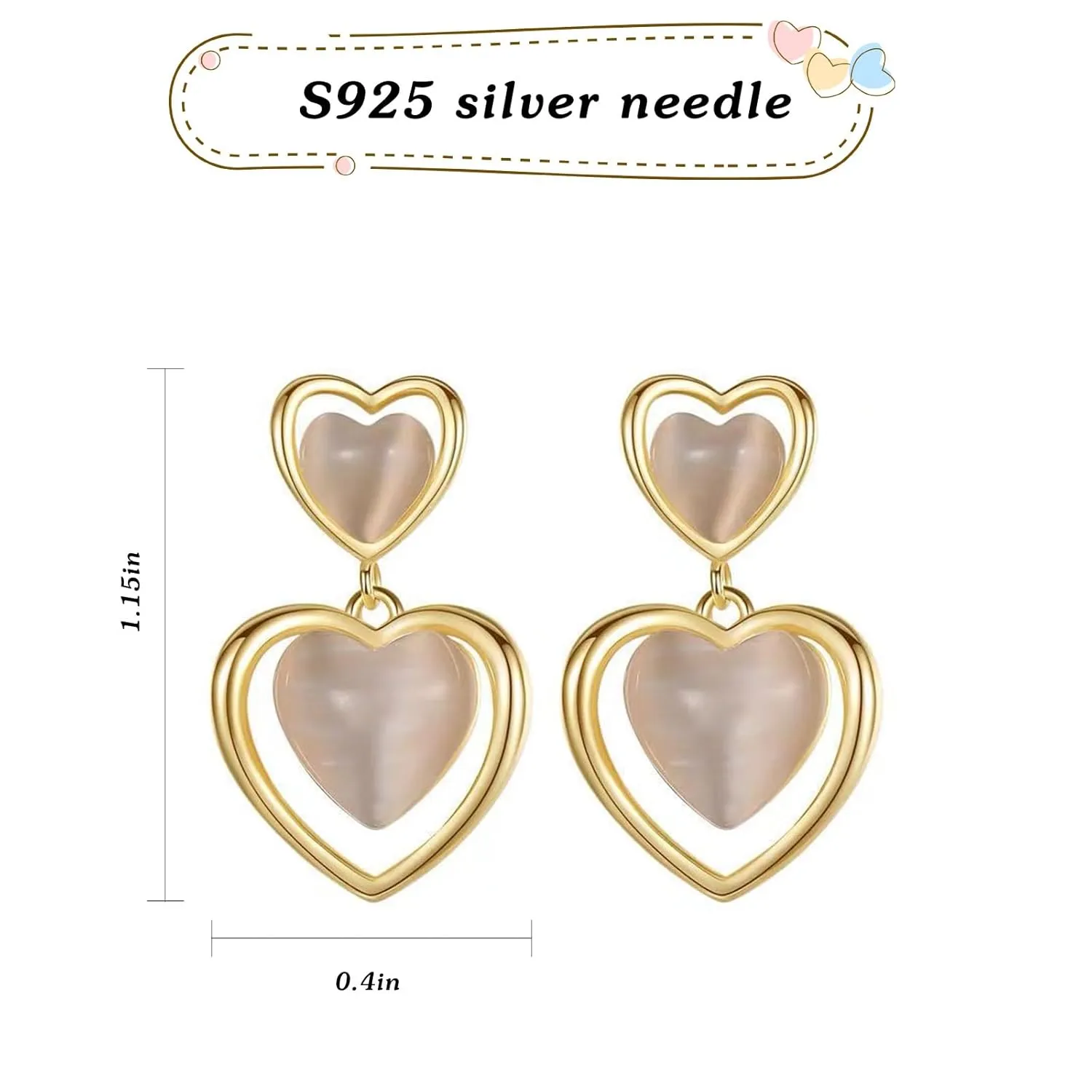 Mothers Day Gifts for Mom,Double Heart Earrings for Women Girls,Double Love Heart Drop Earrings Hypoallergenic Mother's Day Birthday Gift (Cat's Eye Earrings)