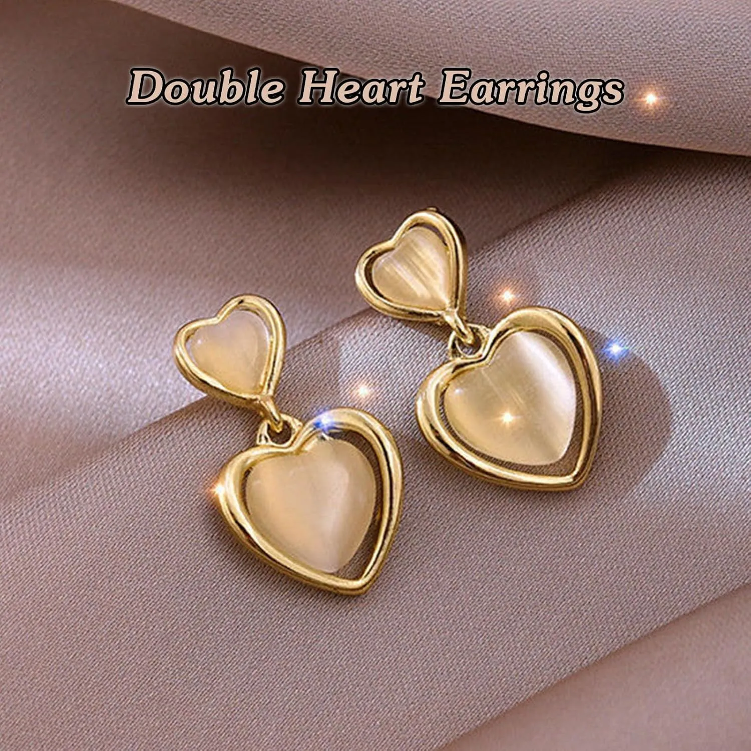 Mothers Day Gifts for Mom,Double Heart Earrings for Women Girls,Double Love Heart Drop Earrings Hypoallergenic Mother's Day Birthday Gift (Cat's Eye Earrings)