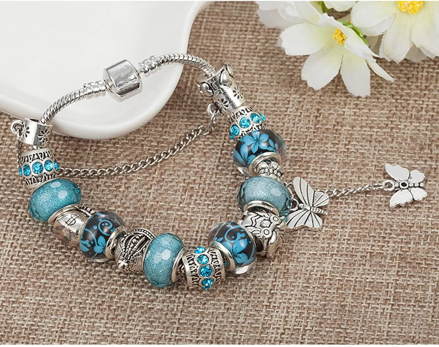 MUERDOU Mother Charms Bracelet for Women Murano Glass Beads Butterfly Flower Charms Amethyst Bracelets
