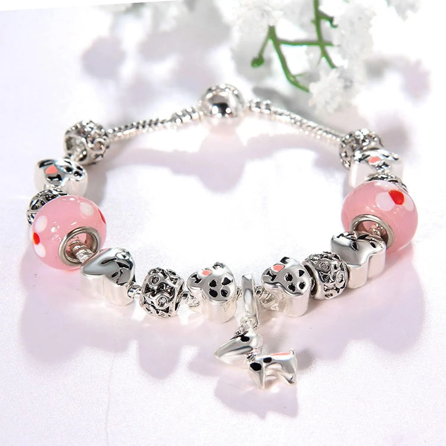 MUERDOU Mother Charms Bracelet for Women Murano Glass Beads Butterfly Flower Charms Amethyst Bracelets