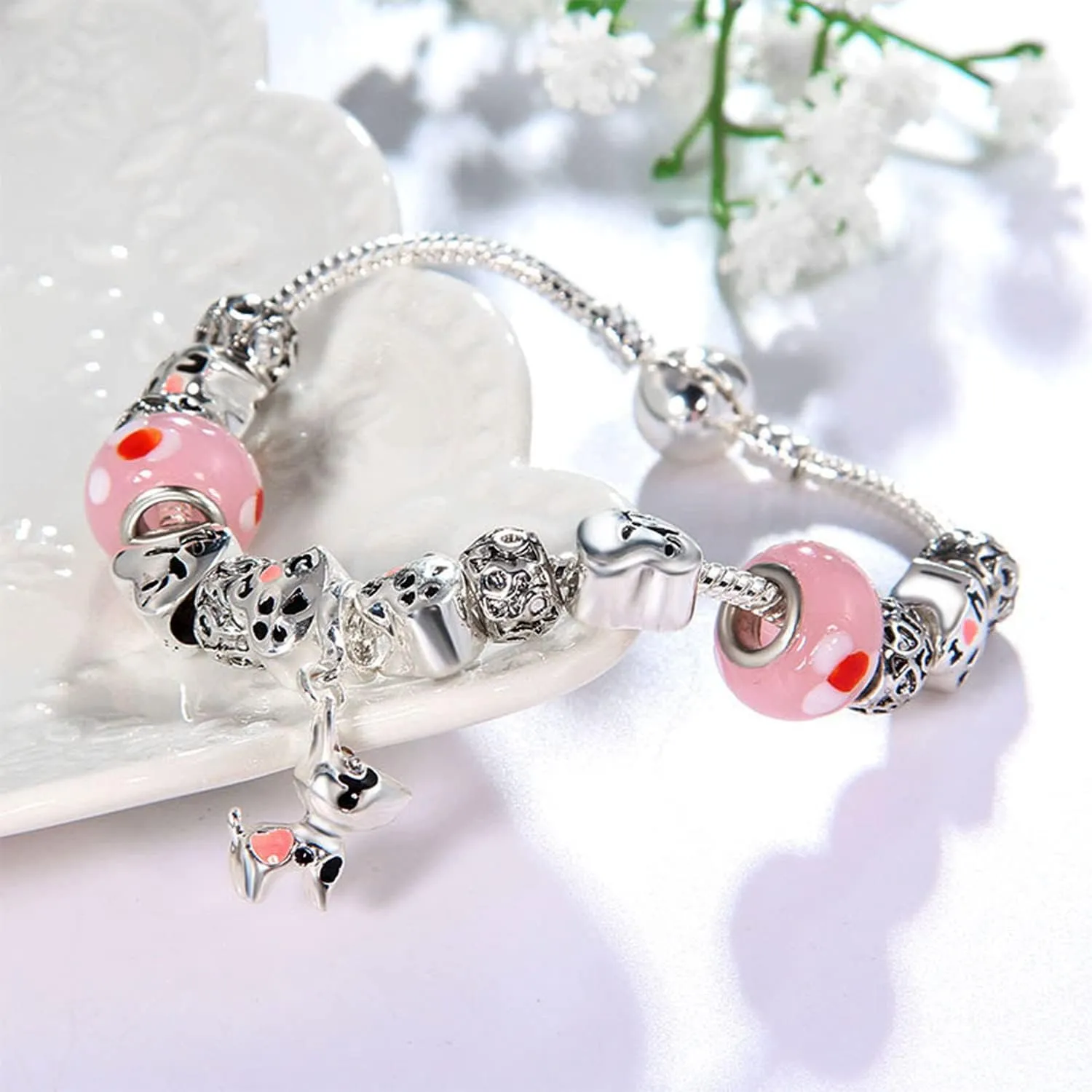 MUERDOU Mother Charms Bracelet for Women Murano Glass Beads Butterfly Flower Charms Amethyst Bracelets