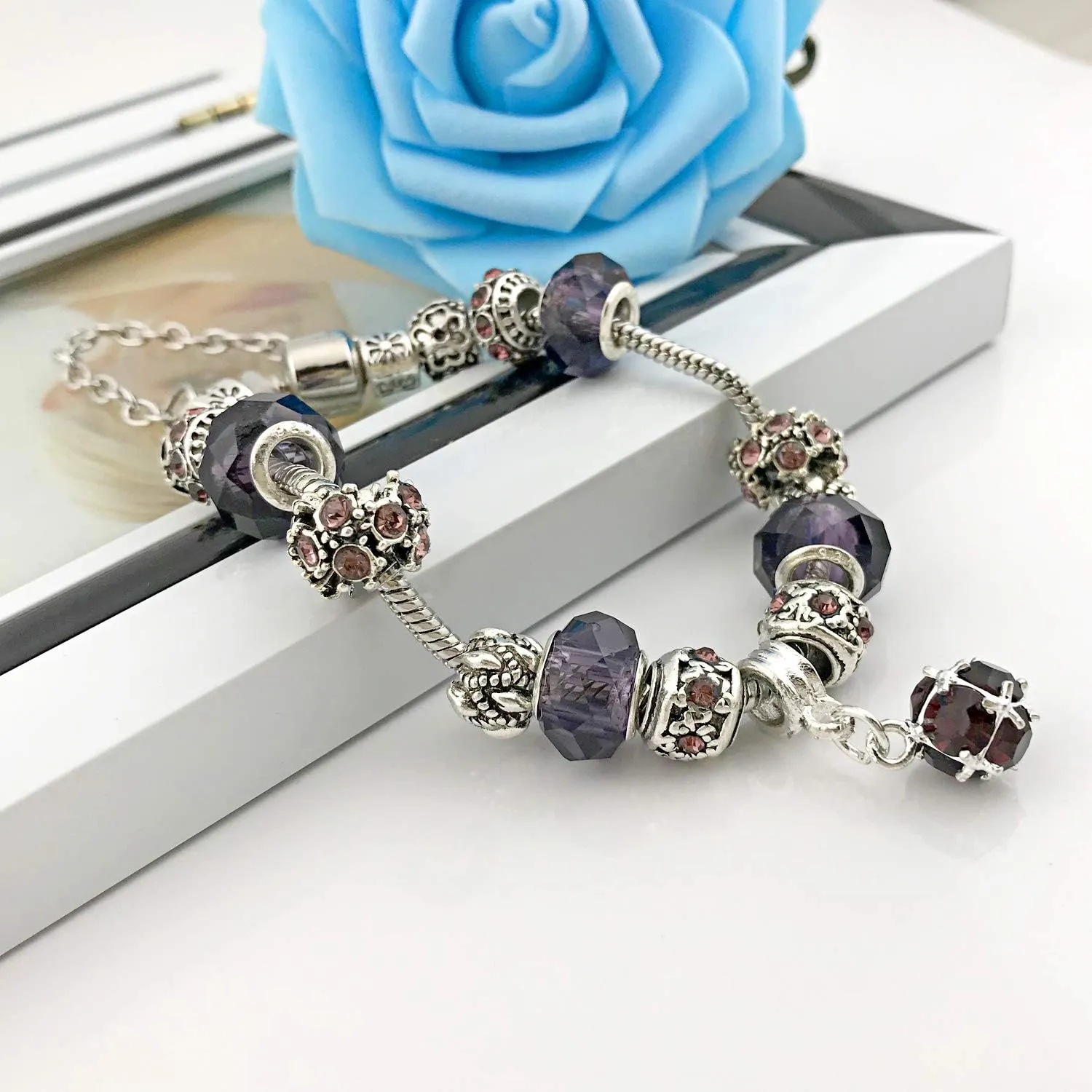 MUERDOU Mother Charms Bracelet for Women Murano Glass Beads Butterfly Flower Charms Amethyst Bracelets