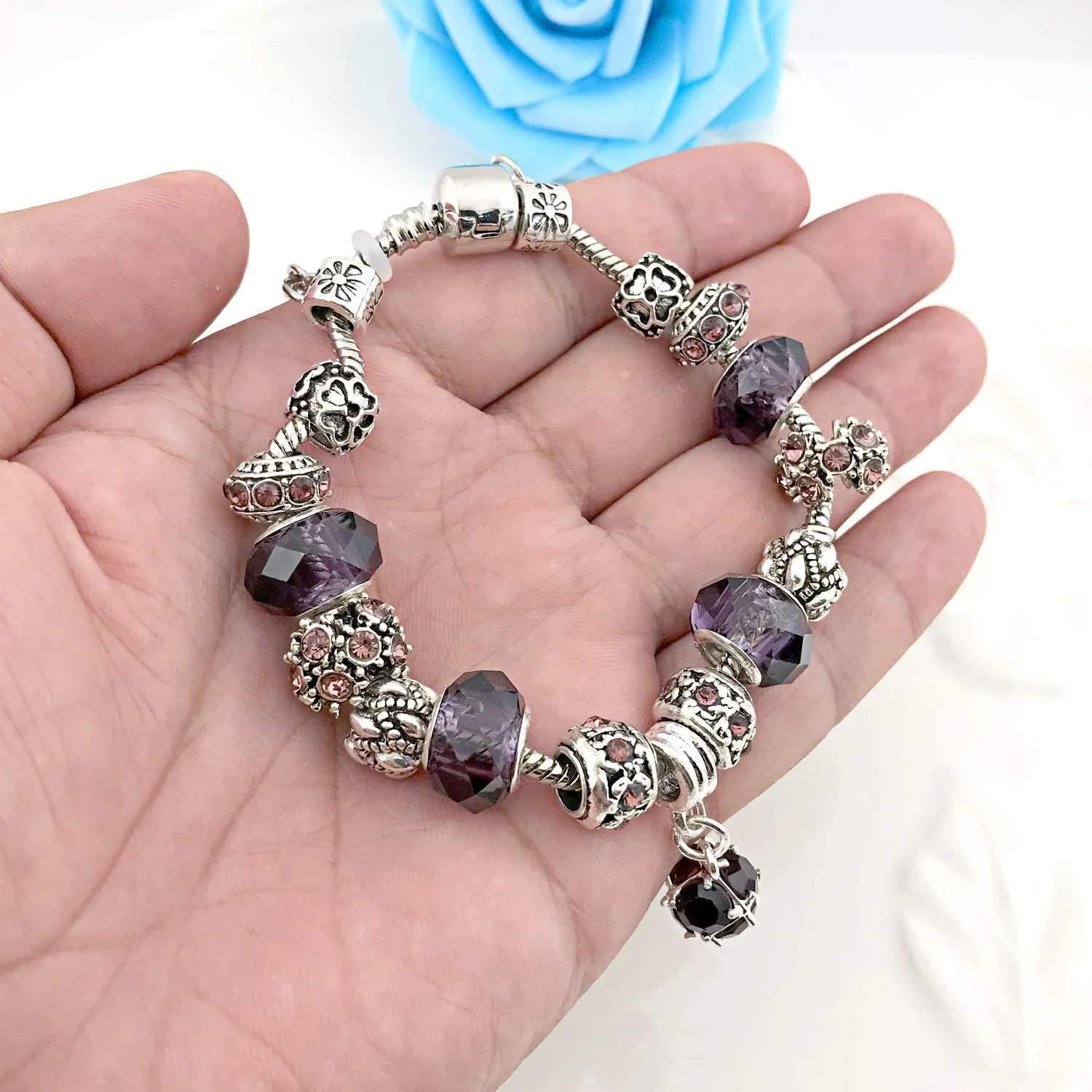 MUERDOU Mother Charms Bracelet for Women Murano Glass Beads Butterfly Flower Charms Amethyst Bracelets