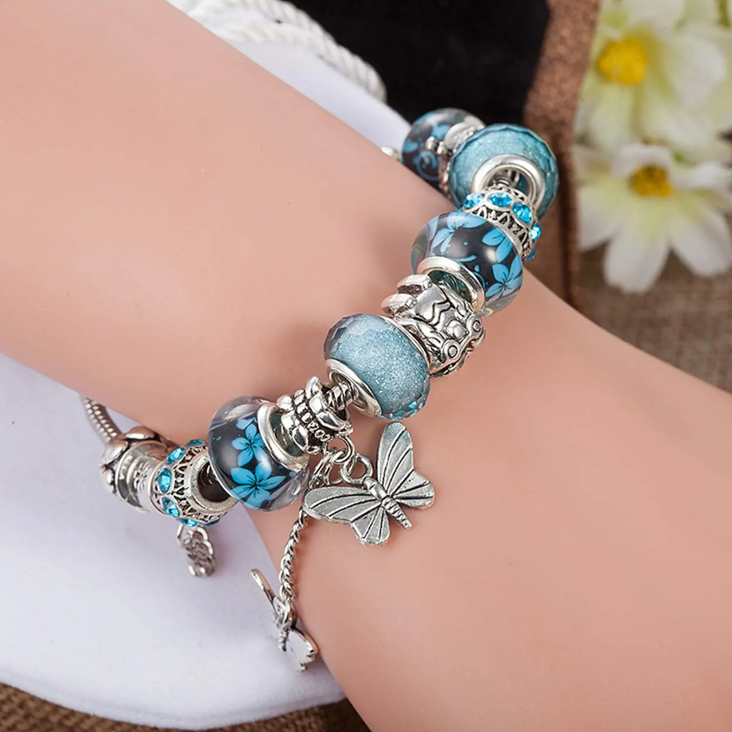MUERDOU Mother Charms Bracelet for Women Murano Glass Beads Butterfly Flower Charms Amethyst Bracelets