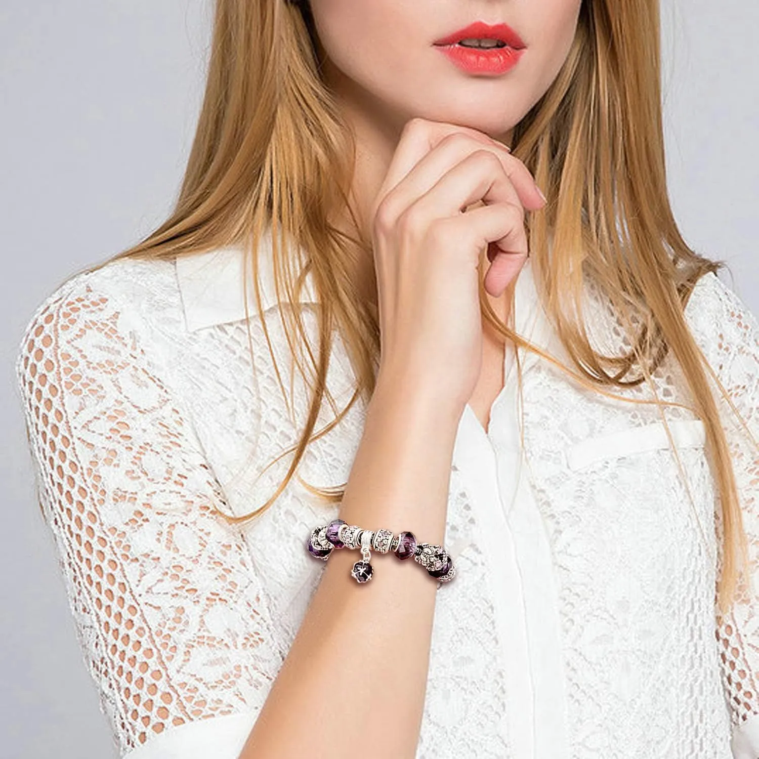 MUERDOU Mother Charms Bracelet for Women Murano Glass Beads Butterfly Flower Charms Amethyst Bracelets