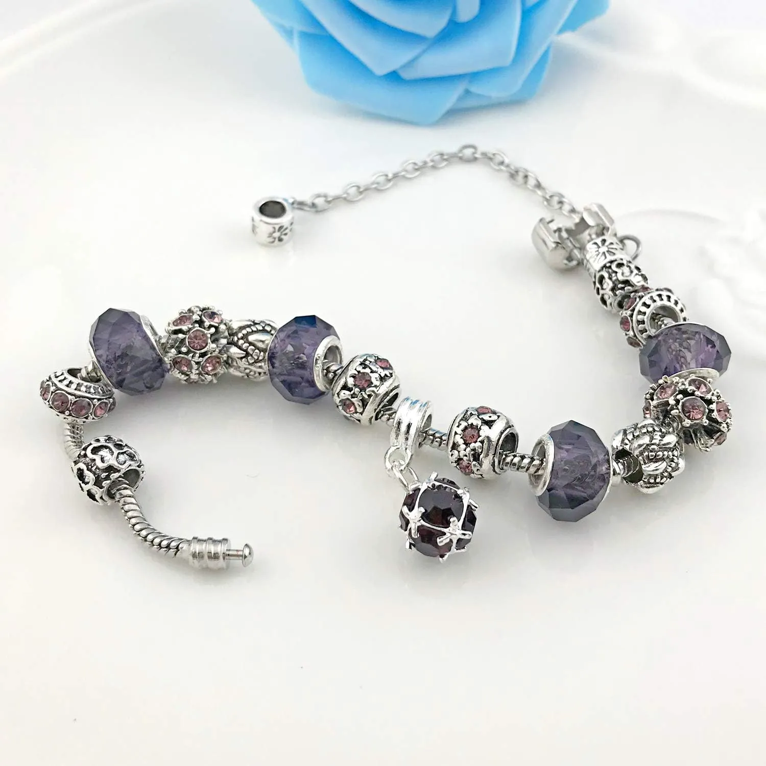 MUERDOU Mother Charms Bracelet for Women Murano Glass Beads Butterfly Flower Charms Amethyst Bracelets
