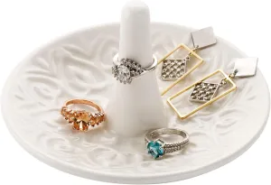 MyGift Decorative White Ceramic Ring Tray for Jewelry, Ring Cone and Trinket Tray with Raised Heart Design