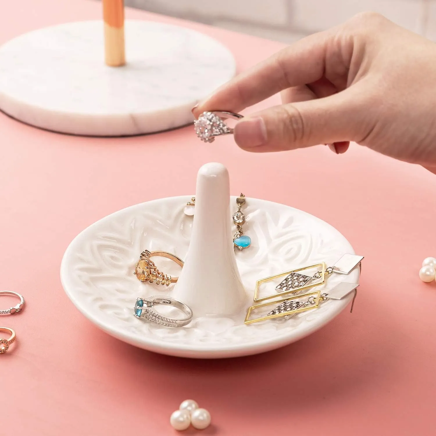 MyGift Decorative White Ceramic Ring Tray for Jewelry, Ring Cone and Trinket Tray with Raised Heart Design
