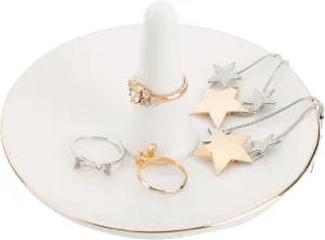 MyGift White Ceramic Ring Dish Holder, Jewelry Engagement Ring Holder, Trinket Tray with Gold Trim