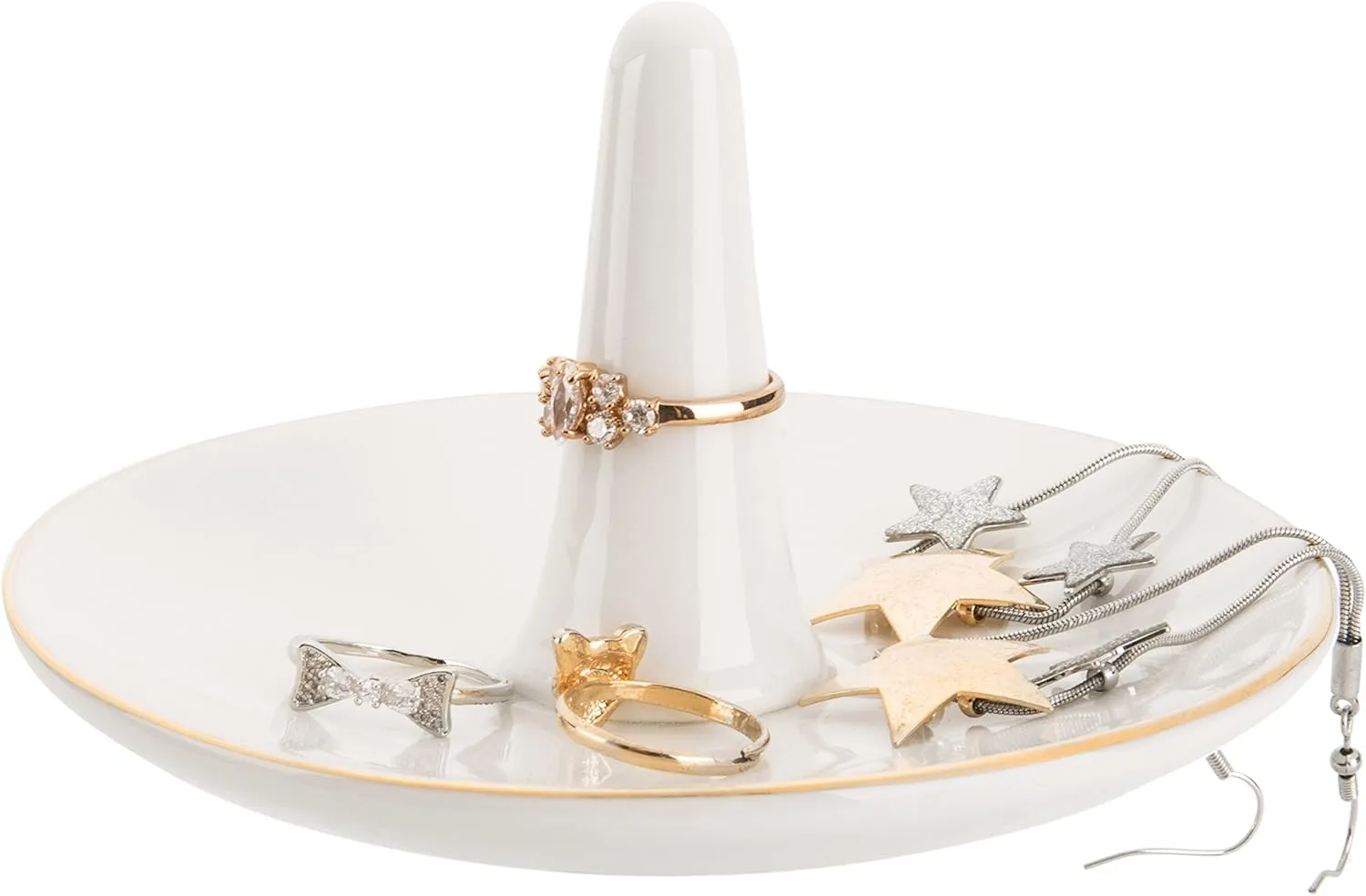 MyGift White Ceramic Ring Dish Holder, Jewelry Engagement Ring Holder, Trinket Tray with Gold Trim
