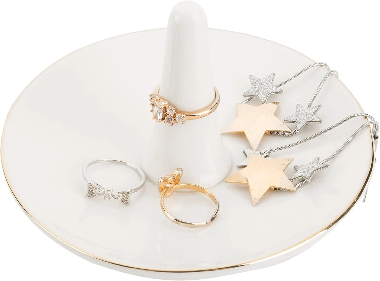 MyGift White Ceramic Ring Dish Holder, Jewelry Engagement Ring Holder, Trinket Tray with Gold Trim