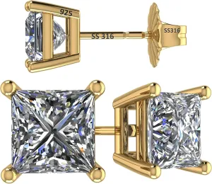 NANA Jewels Princess Cut Simulated Diamond Stud Earrings Silver & CZ 1.50ct - 4.00ct Hypoallergenic