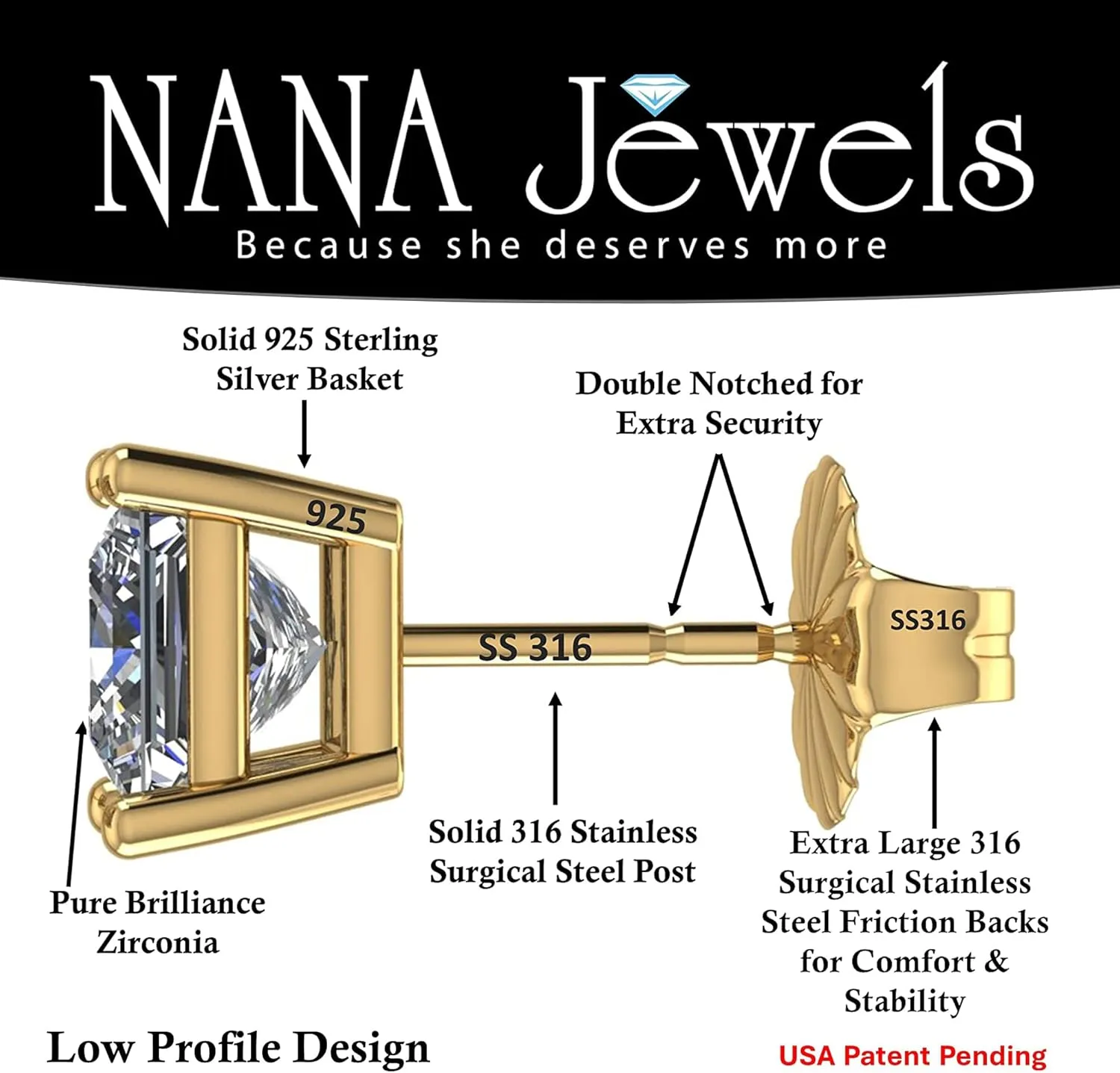 NANA Jewels Princess Cut Simulated Diamond Stud Earrings Silver & CZ 1.50ct - 4.00ct Hypoallergenic
