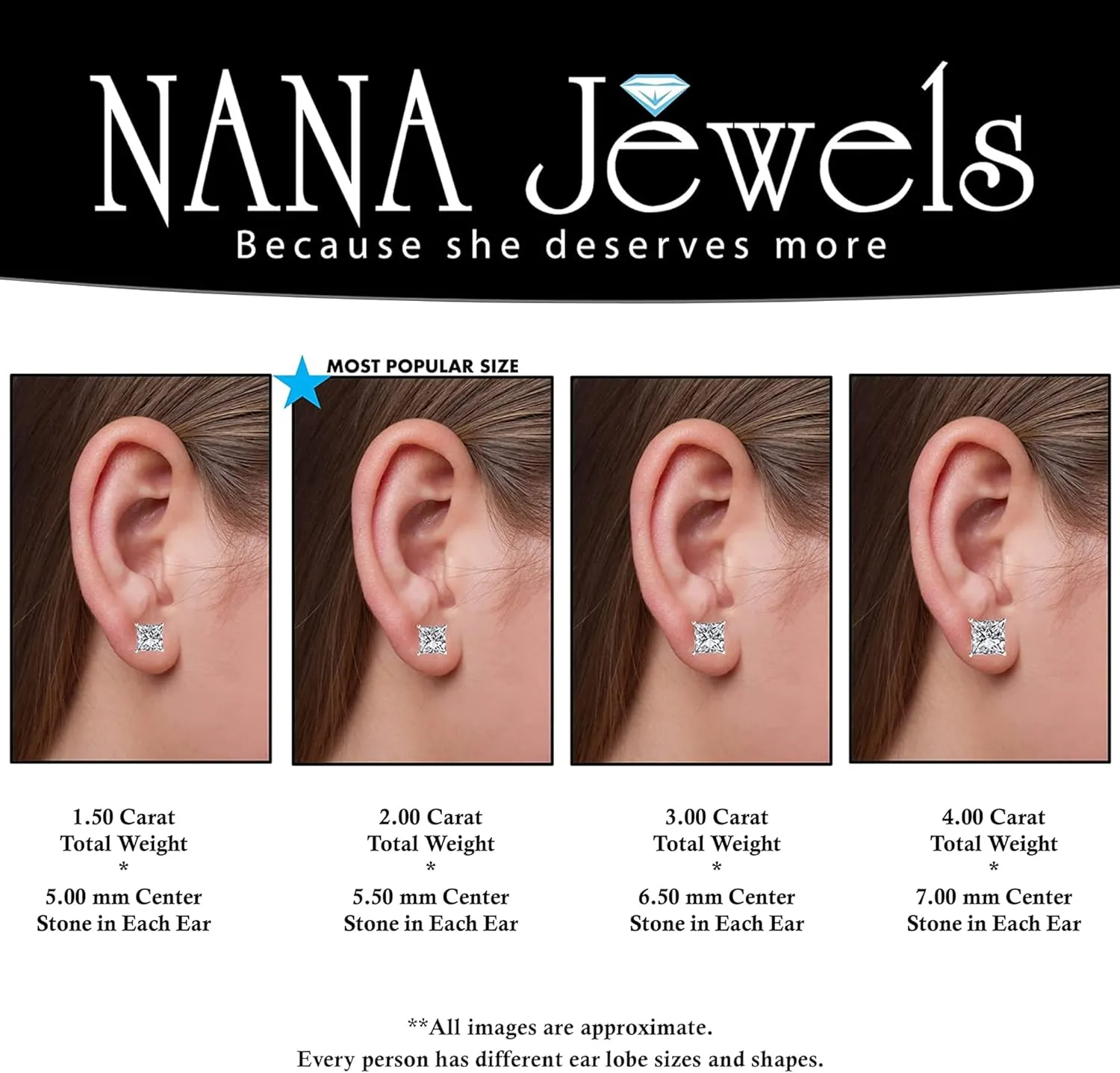 NANA Jewels Princess Cut Simulated Diamond Stud Earrings Silver & CZ 1.50ct - 4.00ct Hypoallergenic