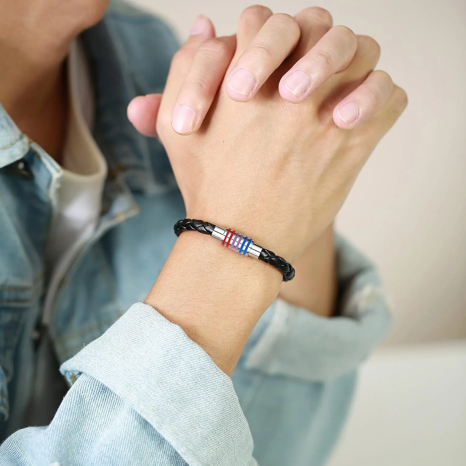 Nanafast Titanium Stainless Steel Rainbow LGBT Pride Bracelet Handmade Braided LGBTQ Pride Bracelets PU Leather Weave Plaited Wristband Jewelry