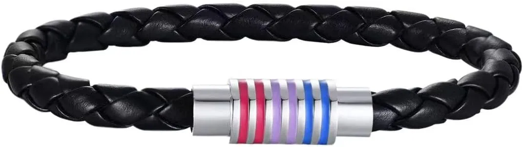 Nanafast Titanium Stainless Steel Rainbow LGBT Pride Bracelet Handmade Braided LGBTQ Pride Bracelets PU Leather Weave Plaited Wristband Jewelry