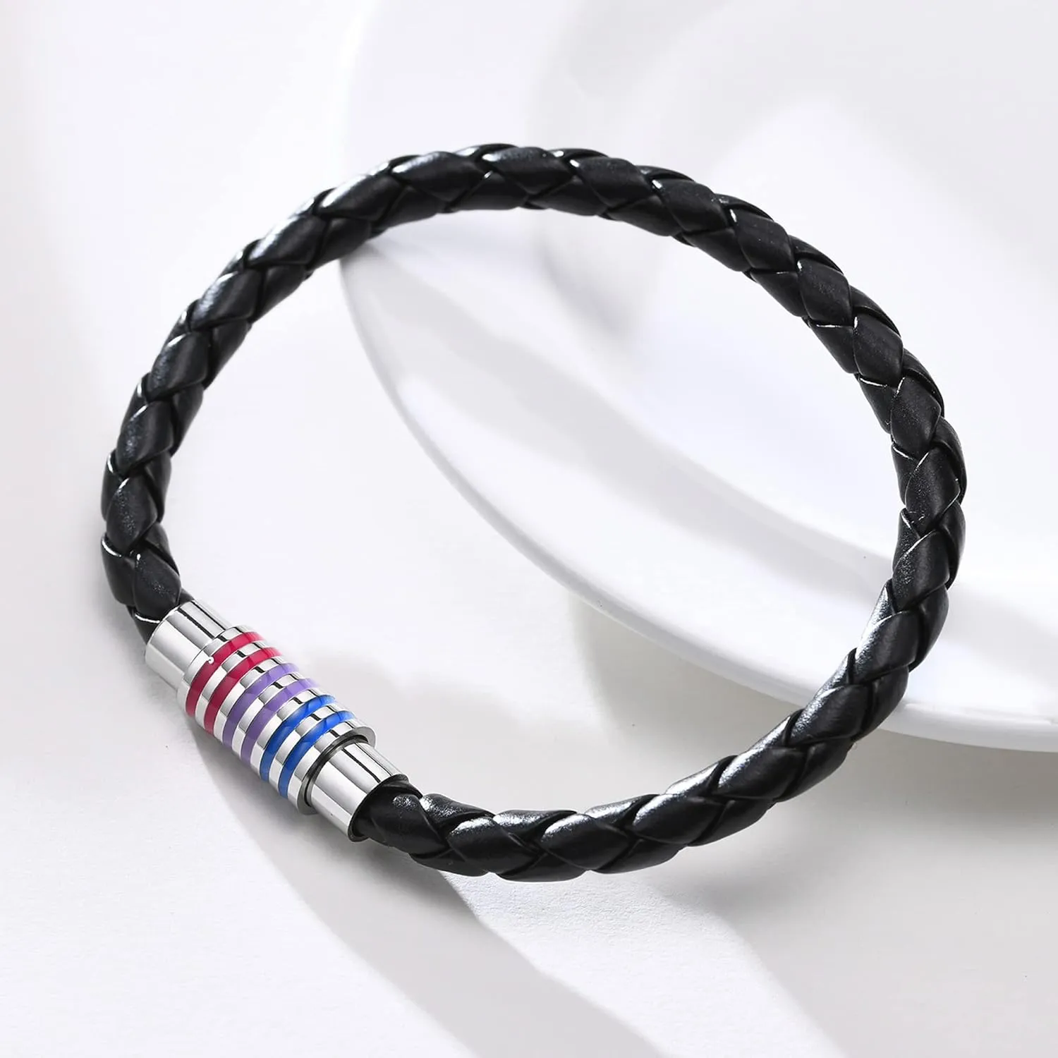 Nanafast Titanium Stainless Steel Rainbow LGBT Pride Bracelet Handmade Braided LGBTQ Pride Bracelets PU Leather Weave Plaited Wristband Jewelry