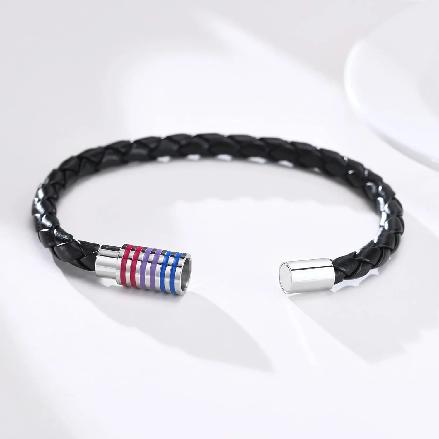 Nanafast Titanium Stainless Steel Rainbow LGBT Pride Bracelet Handmade Braided LGBTQ Pride Bracelets PU Leather Weave Plaited Wristband Jewelry