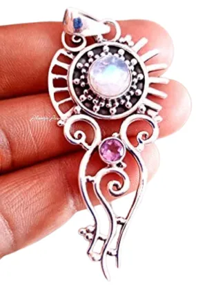 Natural Moonstone Pendant Amethyst Pendant 925 Sterling Silver Unique Handmade Artisan Jewelry Vintage Style Moonstone Jewelry Large Pendant Genuine Moonstone Jewelry Boho Pendant Attractive Jewelry