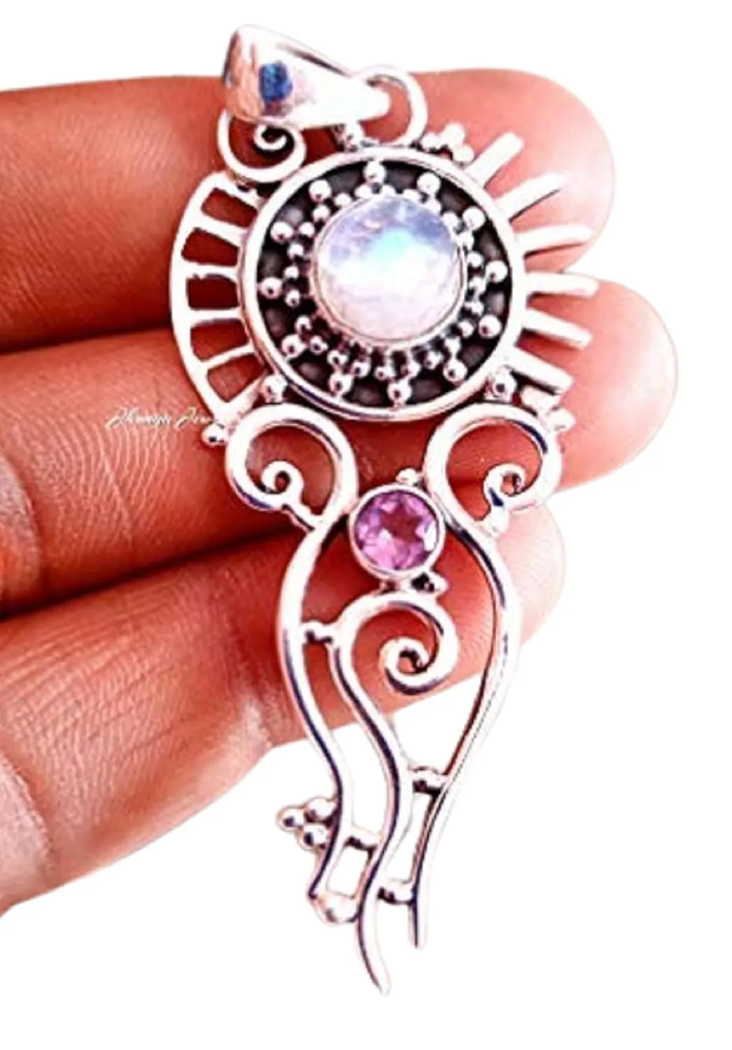 Natural Moonstone Pendant Amethyst Pendant 925 Sterling Silver Unique Handmade Artisan Jewelry Vintage Style Moonstone Jewelry Large Pendant Genuine Moonstone Jewelry Boho Pendant Attractive Jewelry