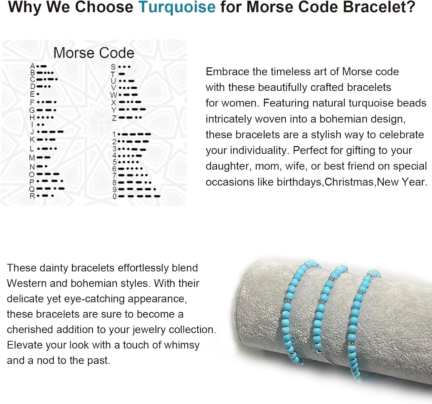 Natural Turquoise Beaded Bracelet,Morse Code Bracelets for Women,Friendships Inspirational Birthday Gifts for Women Mom Wife Best Friends Female Sister Daughter her