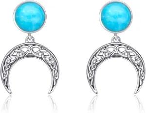 Natural Turquoise/Lapis/Red Agate Crescent Dangle Earrings for Women Sterling Silver Celtic Knot Moon Stud Earrings Western Jewelry Gift for Her