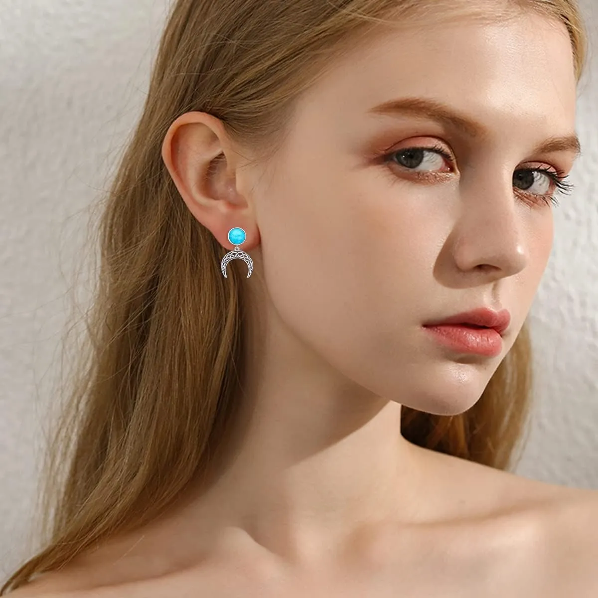 Natural Turquoise/Lapis/Red Agate Crescent Dangle Earrings for Women Sterling Silver Celtic Knot Moon Stud Earrings Western Jewelry Gift for Her
