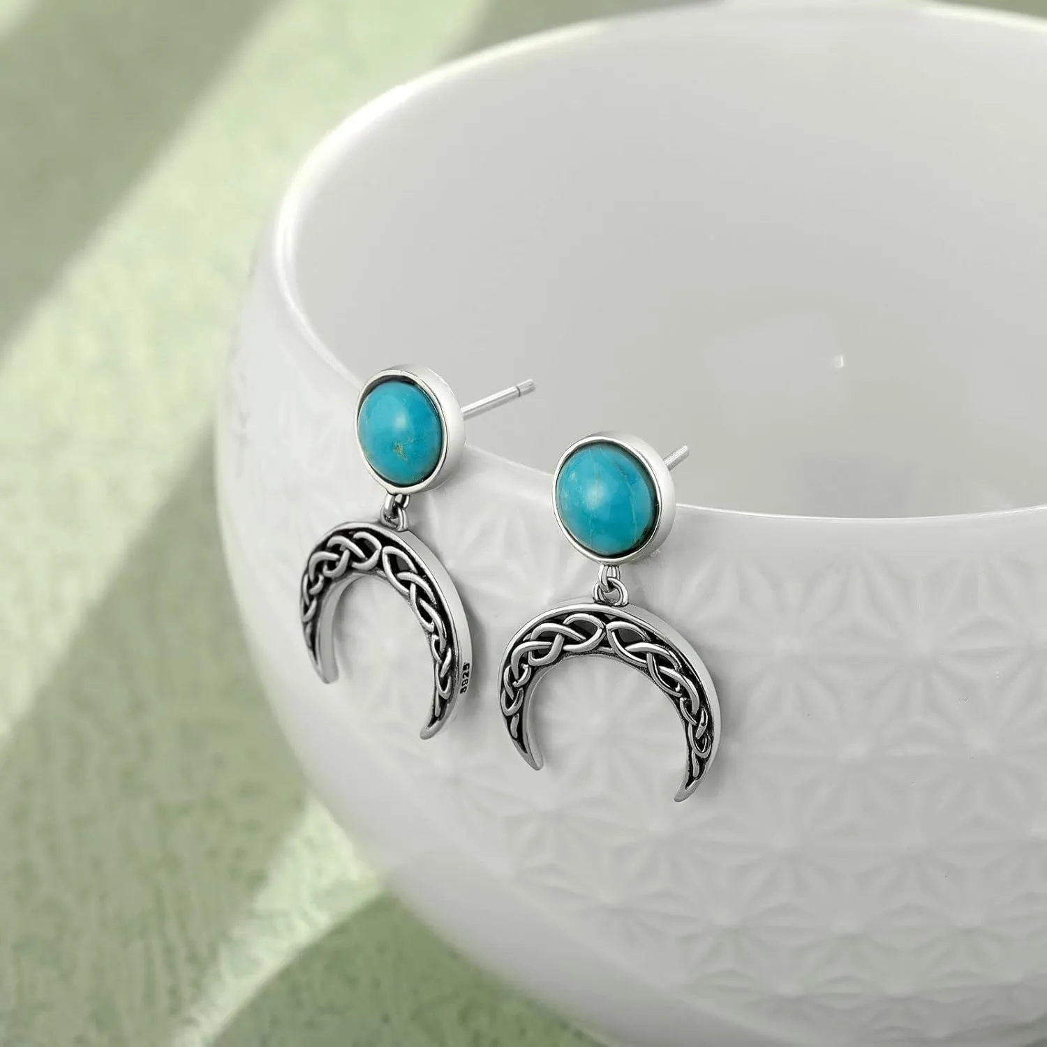 Natural Turquoise/Lapis/Red Agate Crescent Dangle Earrings for Women Sterling Silver Celtic Knot Moon Stud Earrings Western Jewelry Gift for Her