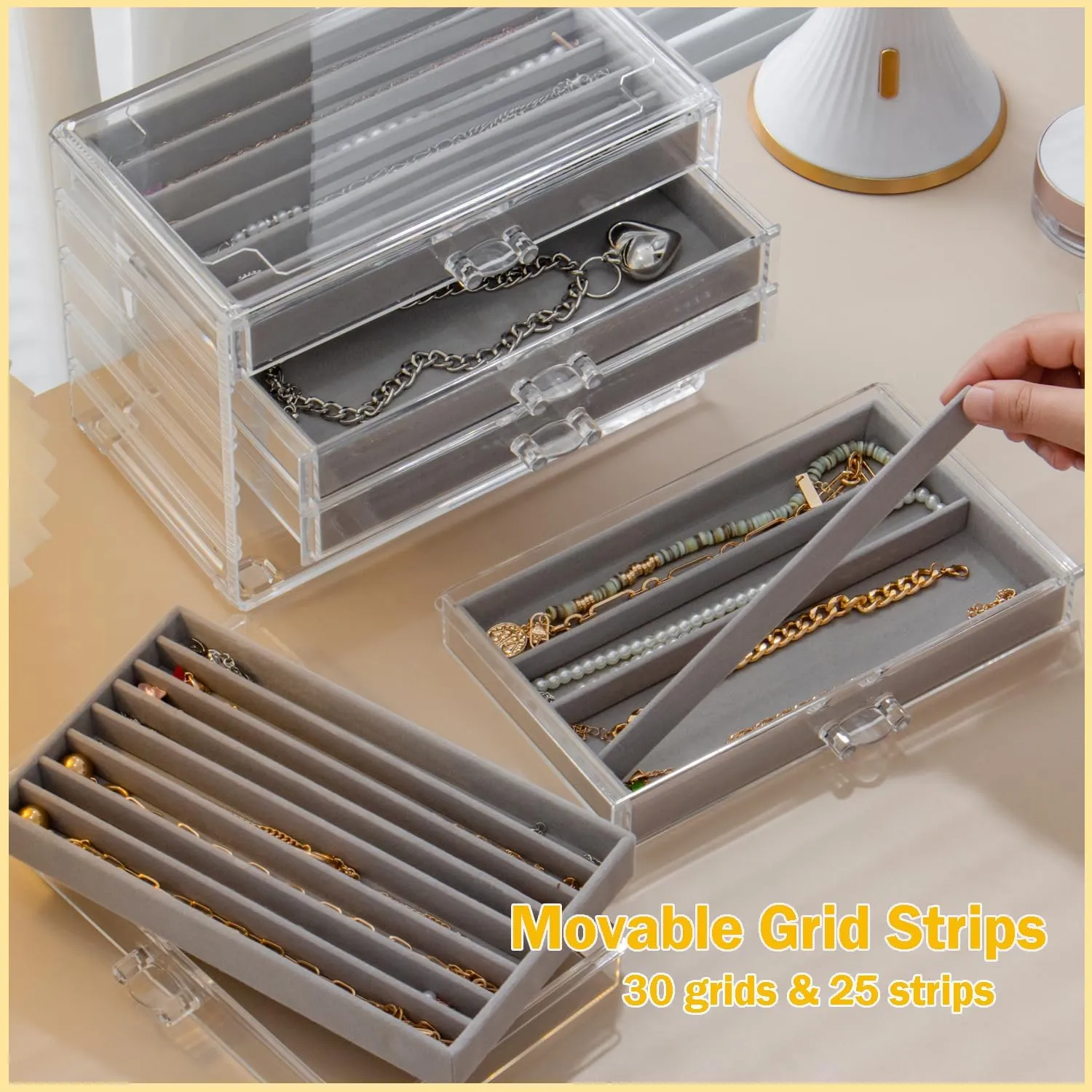 Necklace Organizer Box with 5 Drawers 30 Compartments, Dustproof Velvet Necklace Display Tray, Acrylic Necklaces Display Case, Pendant Chains Necklace Storage Tray Gift for Women and Girls (Grey)