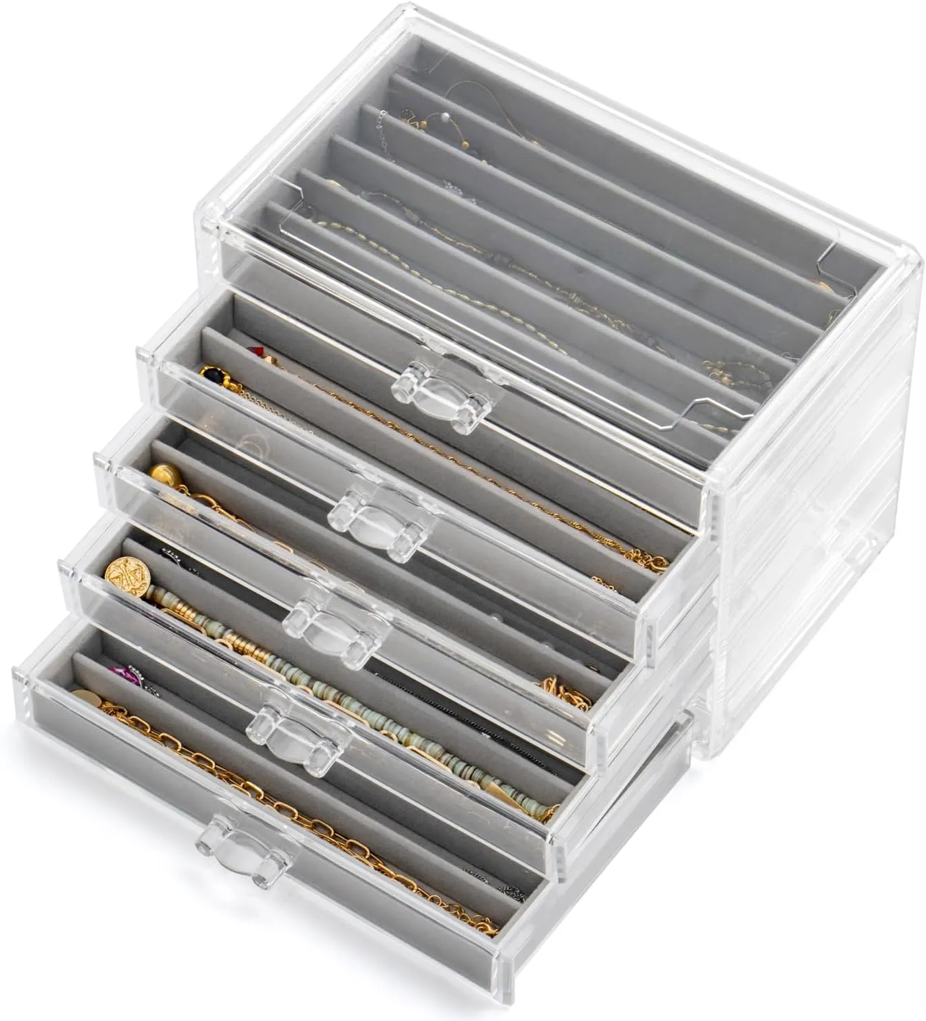 Necklace Organizer Box with 5 Drawers 30 Compartments, Dustproof Velvet Necklace Display Tray, Acrylic Necklaces Display Case, Pendant Chains Necklace Storage Tray Gift for Women and Girls (Grey)