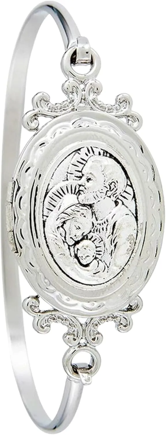 Needzo Holy Family Charm Bangle Bracelet, Devotional Locket Prayer Bracelets, Catholic Jewelry for Women, One Size