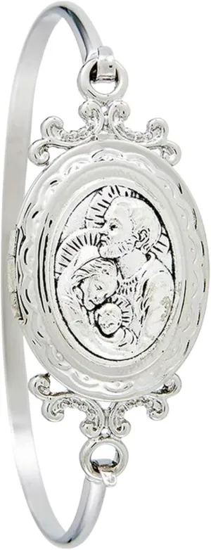 Needzo Holy Family Charm Bangle Bracelet, Devotional Locket Prayer Bracelets, Catholic Jewelry for Women, One Size