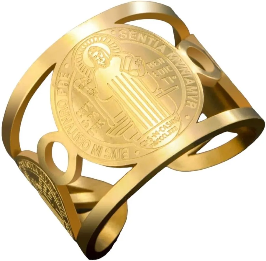 New 2025 Unisex Stainless Steel Religious Adjustable Ring For Men Catholic Christian Faith Amulet Saint Benedict Of Nursia Finger Rings Decoration Jewelry Luxury Accessories Trendy For Women And Men