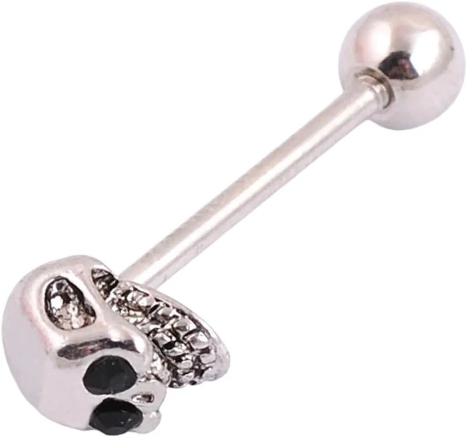New 2026 Arrive Unisex 1Pc Skull Tongue Piercing Stud Zircon Rings Stainless Steel Barbell Body Decoration Jewelry Luxury With For You Accessories Trendy Creative For Women And Men
